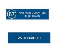 DECOHO Plaque nom avec numéro + Plaque Stop Pub pour Boite aux Lettres Format Edelen (99x24mm) Bleue Lettres Blanches - 2 Lignes
