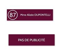 DECOHO Plaque nom avec numéro + Plaque Stop Pub pour Boite aux Lettres Format Edelen (99x24mm) Bordeaux Lettres Blanches - 1 Ligne