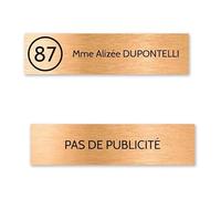 DECOHO Plaque nom avec numéro + Plaque Stop Pub pour Boite aux Lettres Format Edelen (99x24mm) cuivre Lettres Noires - 1 Ligne