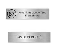 DECOHO Plaque nom avec numéro + Plaque Stop Pub pour Boite aux Lettres Format Edelen (99x24mm) Gris Argent Lettres Noires - 2 Lignes
