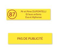DECOHO Plaque nom avec numéro + Plaque Stop Pub pour Boite aux Lettres Format Edelen (99x24mm) Jaune Lettres Rouges - 3 Lignes