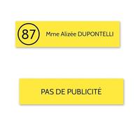DECOHO Plaque nom avec numéro + Plaque Stop Pub pour Boite aux Lettres Format Edelen (99x24mm) Jaune Lettres Noires - 1 Ligne