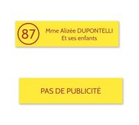 DECOHO Plaque nom avec numéro + Plaque Stop Pub pour Boite aux Lettres Format Edelen (99x24mm) Jaune Lettres Rouges - 2 Lignes