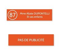 DECOHO Plaque nom avec numéro + Plaque Stop Pub pour Boite aux Lettres Format Edelen (99x24mm) Orange Lettres Blanches - 2 Lignes