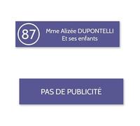 DECOHO Plaque nom avec numéro + Plaque Stop Pub pour Boite aux Lettres Format Edelen (99x24mm) Violette Lettres Blanches - 2 Lignes