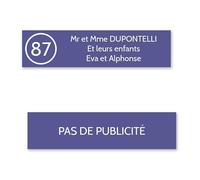 DECOHO Plaque nom avec numéro + Plaque Stop Pub pour Boite aux Lettres Format Edelen (99x24mm) Violette Lettres Blanches - 3 Lignes