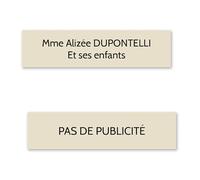 DECOHO Plaque nom + Plaque Stop Pub pour Boite aux Lettres Format Edelen (99x24mm) Beige Lettres Noires - 2 Lignes