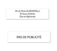 DECOHO Plaque nom + Plaque Stop Pub pour Boite aux Lettres Format Edelen (99x24mm) Blanche Lettres Noires - 3 Lignes
