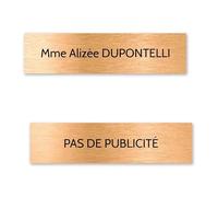 DECOHO Plaque nom + Plaque Stop Pub pour Boite aux Lettres Format Edelen (99x24mm) cuivre Lettres Noires - 1 Ligne