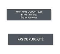 DECOHO Plaque nom + Plaque Stop Pub pour Boite aux Lettres Format Edelen (99x24mm) Grise Lettres Blanches - 3 Lignes