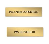 DECOHO Plaque nom + Plaque Stop Pub pour Boite aux Lettres Format Edelen (99x24mm) Or brossé Lettres Noires - 1 Ligne