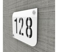 DECOHO - Plaque numéro de Rue Personnalisable - Plaque Maison PMMA Blanc Design - Découpe Laser, entretoises INOX 15 mm - 20x15 cm, épais - Noir