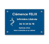 DECOHO - Plaque professionnelle personnalisée avec symbole pour infirmière libérale - Bleue lettres blanches Vis + chevilles + cache vis