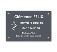 DECOHO - Plaque professionnelle personnalisée avec symbole pour infirmière libérale - Gris lettres blanches Vis + chevilles + cache vis