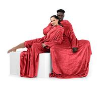 DecoKing 150 x 180 cm Couverture à Manches TV en Microfibre avec Manches et Poches Polaire Douce avec Poche pour Les Pieds Rouge Lazy