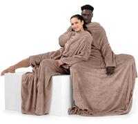 DecoKing 170 x 200 cm Couverture à Manches TV en Microfibre avec Manches et Poches Polaire Douce avec Poche pour Les Pieds Beige Lazy