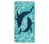 DecoKing Grande Serviette de Plage en 100% Coton, 90 x 180 cm, Double Face, Couverture de Plage Absorbante, Drap de Bain, Bleu, Bleu Foncé, Blanc, Dolphin