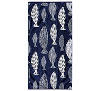 DecoKing Grande Serviette de Plage en 100% Coton, 90 x 180 cm, Double Face, Couverture de Plage Absorbante, Drap de Bain, Bleu Foncé, Bleu Marine, Blanc, Fish