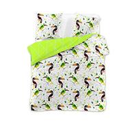 DecoKing Parure de lit Premium 29541-230 x 220 cm - 2 taies d'oreiller 50 x 75 cm - Blanc - Toucan - Colibri - Coton renforcé - Satin de Coton mako - Double Face - Collection Ducato - Vert Clair,