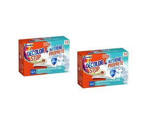 DÉCOLOR STOP Lot de 2 Boîtes 12 (Sachets) Hygiène 2 en1 + détacheur - Anti-décoloration