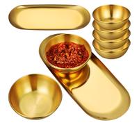 DECOMELODY Ensemble de 6 Bols à Sauce Dorés en Acier Inoxydable Résistants la Chaleur, 2 Grands Plateaux Ovales Dorés, Vaisselle pour Assaisonnement, Service Apéritif et Sushi, Usage Maison