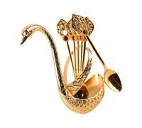 DECOMELODY Ensemble de 6 Cuillères à Dessert Condiments en Alliage de Zinc Doré Support de Rangement de Cygne, Ustensiles Cuisine Élégants pour Table et Service, Cuillères à Manger