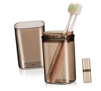 DECOMELODY Étui à Brosse à Dents de Voyage en Pet Teinté Café Clair Couvercle Étanche, Récipient Multifonction Portable pour Rinçage et Rangement, Accessoires de Voyage Hygiène Bucco-dentaire