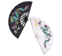 DECOMELODY Lot de 2 Éventails Pliants Kung-Fu en Plastique Robuste Éventail Traditionnel Chinois Noir et Blanc Dragon Coloré Sonore pour Tai-Chi Arts Martiaux et Spectacles de Danse