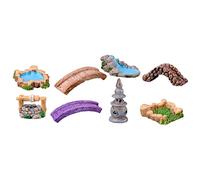 DECOMELODY Ornement Miniature en Résine Paysage Rétro - Décoration Jardin Intérieure Et Extérieure - Ensemble 8 Pièces Pont, Lampadaire Et Éléments Aquatiques - Mini Décor Scène Extérieure
