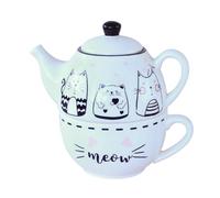 DECOMELODY Service à Thé Céramique Décoratif avec Motif Chat Noir et Blanc Théière et Tasse Résistantes Base Épaisse Stable Facile à Nettoyer Cadeau Chaleureux pour Maison
