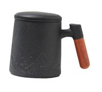 DECOMELODY Tasse à Thé en Céramique 400Ml avec Infuseur et Couvercle Poignée en Bois Noire Mug pour Bureau et Maison Ensemble de Tasse à Thé avec Filtre pour Infusion