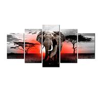 decomonkey - Impression sur Toile Afrique Animau 100x50 5 Pièces - Tableau Décoration Appartement Déco Salon Peinture sur Toile Afrique arbres rouges soleil éléphants coucher de soleil animaux