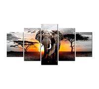 decomonkey - Impression sur Toile Afrique Animau 200x100 5 Pièces - Tableau Décoration Appartement Déco Salon Peinture sur Toile Afrique animaux soleil coucher de soleil éléphants arbres
