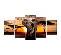 decomonkey - Impression sur Toile Afrique Animau 225x112.5 5 Pièces - Tableau Décoration Appartement Cadre en Bois Déco Salon Peinture sur Toile Afrique arbres éléphants coucher de soleil animaux