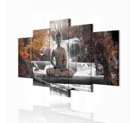 decomonkey - Impression sur Toile Bouddha 100x50 5 Pièces - Tableau Décoration Appartement Cadre en Bois Déco Salon Peinture sur Toile Bouddha forêt nature orienter cascade arbres rivière paysage