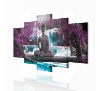 decomonkey - Impression sur Toile Bouddha 150x75 5 Pièces - Tableau Décoration Appartement Cadre en Bois Déco Salon Peinture sur Toile Bouddha nature orienter cascade arbres forêt rivière paysage