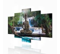 decomonkey - Impression sur Toile Bouddha 150x75 5 Pièces - Tableau Décoration Appartement Cadre en Bois Déco Salon Peinture sur Toile Bouddha orienter cascade arbres forêt nature rivière paysage