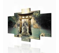 decomonkey - Impression sur Toile Bouddha 150x75 5 Pièces - Tableau Décoration Appartement Cadre en Bois Déco Salon Peinture sur Toile Bouddha bouddhisme arbres nature orienter eau cascade zen