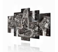decomonkey - Impression sur Toile Bouddha 150x75 5 Pièces - Tableau Décoration Appartement Cadre en Bois Déco Salon Peinture sur Toile Bouddha lumineux métal orient sculpture argent gris bonheur