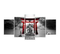 decomonkey - Impression sur Toile Bouddha 200x100 5 Pièces - Tableau Décoration Appartement Cadre en Bois Déco Salon Peinture sur Toile Bouddha bouddhisme arbres nature orienter eau cascade zen