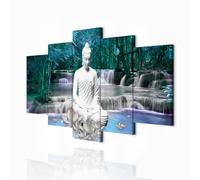 decomonkey - Impression sur Toile Bouddha Nature 150x75 5 Pièces - Tableau Décoration Appartement Déco Salon Peinture sur Toile Bouddha bouddhisme fleurs forêt nature orienter cascade zen