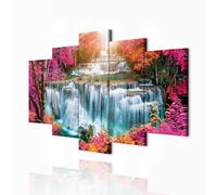 decomonkey - Impression sur Toile Chute d'eau Cascade 150x75 5 Pièces - Tableau Décoration Appartement Déco Salon Peinture sur Toile Lueur arbres coloré feuilles nature paysage soleil cascade