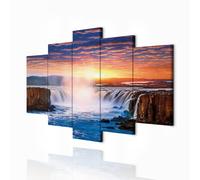 decomonkey - Impression sur Toile Chute d'eau Cascade 150x75 5 Pièces - Tableau Décoration Appartement Déco Salon Peinture sur Toile Montagnes coloré paysage nature cascade coucher de soleil