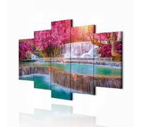 decomonkey - Impression sur Toile Chute d'eau Cascade 150x75 5 Pièces - Tableau Décoration Appartement Déco Salon Arbres pierre coloré paysage forêt feuilles nature paysage plantes cascade