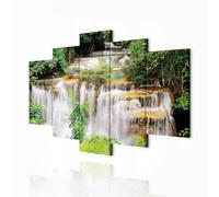 decomonkey - Impression sur Toile Chute d'eau Cascade 200x100 5 Pièces - Tableau Décoration Appartement Déco Salon Peinture sur Toile Arbres paysage forêt feuilles nature paysage plantes cascade