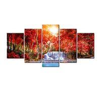decomonkey - Impression sur Toile Chute d'eau Cascade 200x100 5 Pièces - Tableau Décoration Appartement Déco Salon Bois arbres coloré forêt feuilles nature paysage plantes soleil cascade