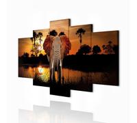 decomonkey - Impression sur Toile elephant Animau 150x75 5 Pièces - Tableau Décoration Appartement Déco Salon Afrique lac nature palmiers paysage éléphants coucher de soleil animaux