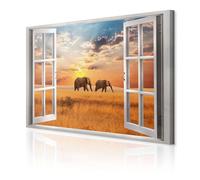 decomonkey - Impression sur Toile éléphant Fenetre 120x80 1 Pièce - Tableau Décoration Appartement Déco Salon Nuages paysage ciel désert éléphants vue depuis la fenêtre coucher de soleil animaux