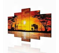 decomonkey - Impression sur Toile Intissé Afrique Animau 200x100 5 Pièces - Tableau Décoration Appartement Cadre en Bois Photo Déco Salon Peinture sur Toile Maison