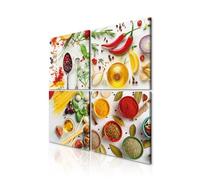 decomonkey - Impression sur Toile Intissé Cuisine 60x60 4 Pièces - Tableau Décoration Appartement Cadre en Bois Photo Déco Salon Peinture sur Toile Maison Coloré cuisine poivre feuilles épices